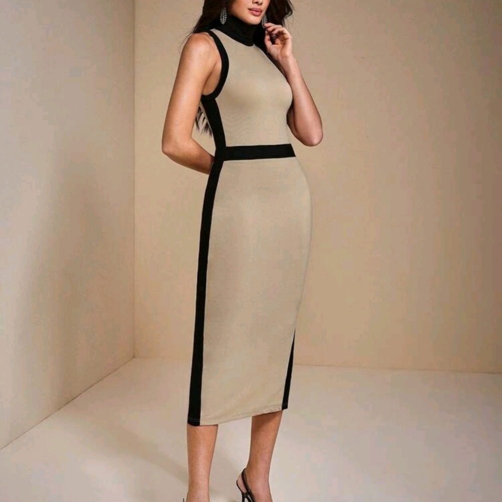 Turtleneck Color-Blocked Sleeveless Knit Fitted Midi Dress Women Autumn Elegant - Picture 5 of 5